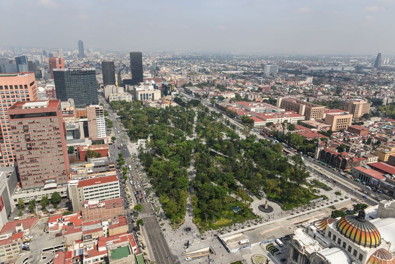 Aerial view of Alameda Central and the Palace of Fine Arts in Mexico City